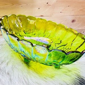 Vintage Green Iridescent Footed Oval Indiana Carnival Glass Harvest Fruit Bowl